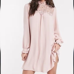 Victorian Lace lined Mini Dress high lace collar key hole back sz M Barbiecore